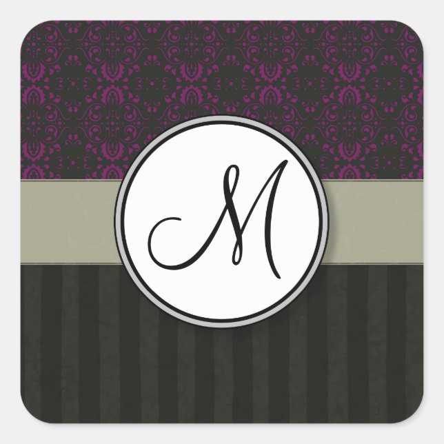 Magenta on Black Damask with Stripes and Monogram Square Sticker (Front)