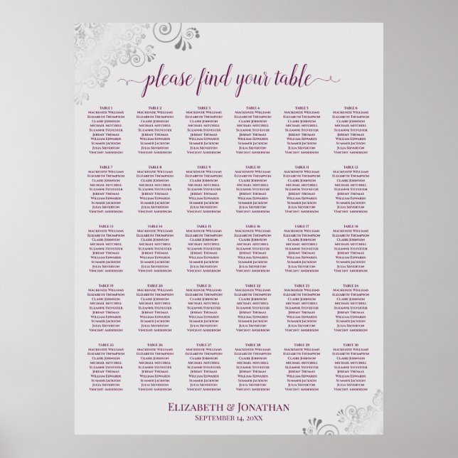 Magenta on Grey 30 Table Wedding Seating Chart (Front)