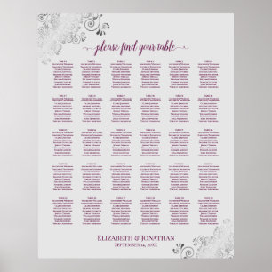 Magenta on Grey 30 Table Wedding Seating Chart