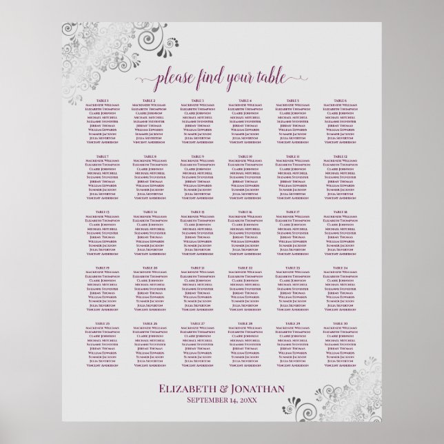 Magenta on Grey 30 Table Wedding Seating Chart (Front)