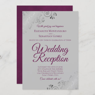 Magenta on Grey Silver Frills Wedding Reception Invitation