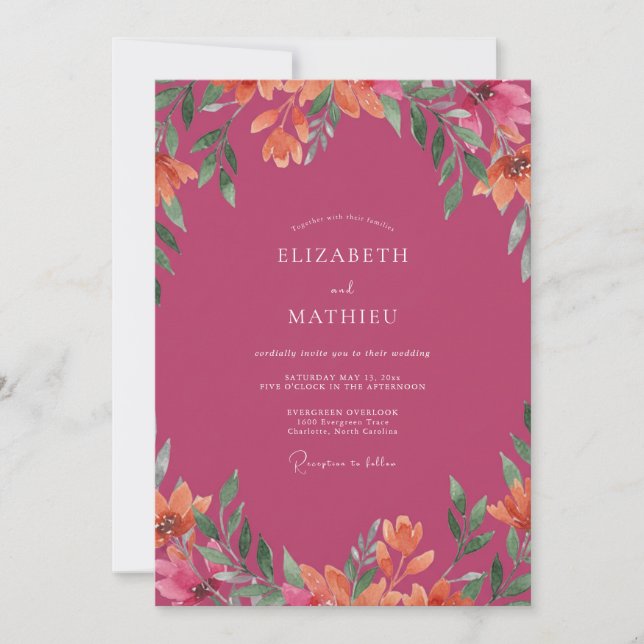 Magenta Orange Blossom Wedding Invitation (Front)
