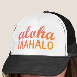 Magenta Orange Gradient Aloha Mahalo Typography Trucker Hat<br><div class="desc">Trucker Hat Surfer Beach Style - Magenta Orange Gradient Aloha Mahalo Hawaiian Trucker Hat. -------- PRODUCT DETAILS: Adjustable from 17" to 24". 100% polyester foam front. Wide area to feature your design. 100% nylon mesh back keeps you cool. Available in 11 colour combinations Paper Type: Matte finish. Customisable: Add your...</div>