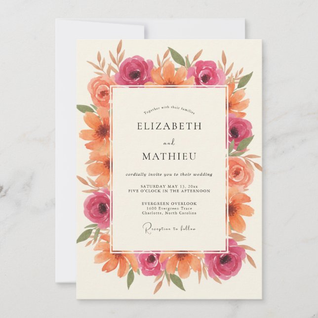 Magenta Orange Petal Wedding Invitation (Front)