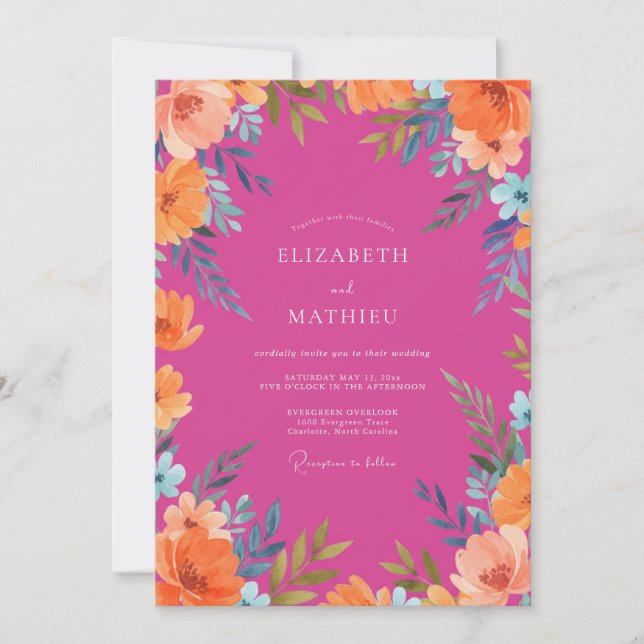 Magenta Orange Poppy Wedding Invitation (Front)