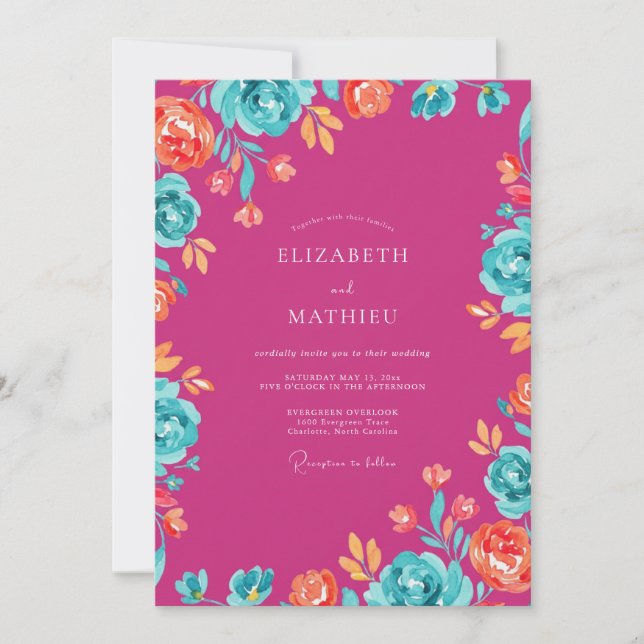 Magenta Orange Ranunculus Dusty Eucalyptus Wedding Invitation (Front)