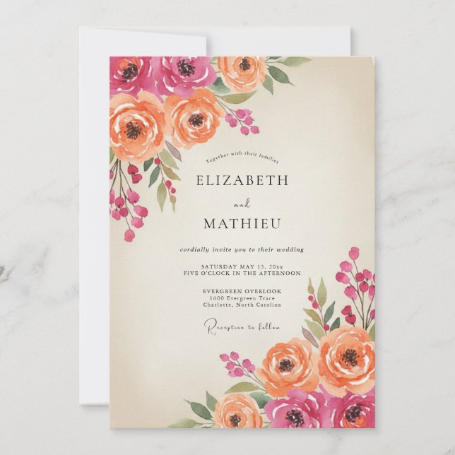 Magenta Orange Ranunculus Eucalyptus Wedding Invitation (Front)