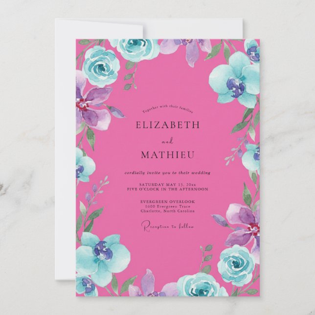 Magenta Orchid Aqua Wedding Invitation (Front)