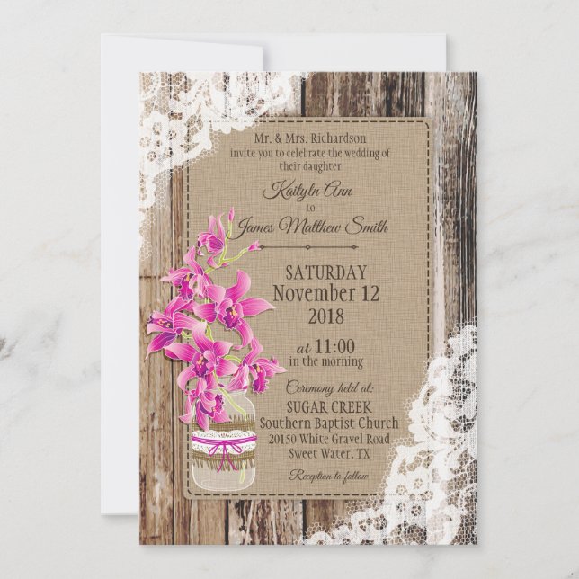 Magenta Orchid Wood Lace Rustic Wedding Invitation (Front)