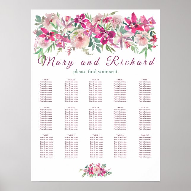 Magenta Orchids Rose Elegant Wedding Seating Chart (Front)