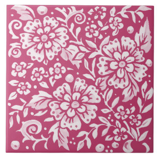 Magenta Ornate Floral Large Flower Leaf Berry Tile