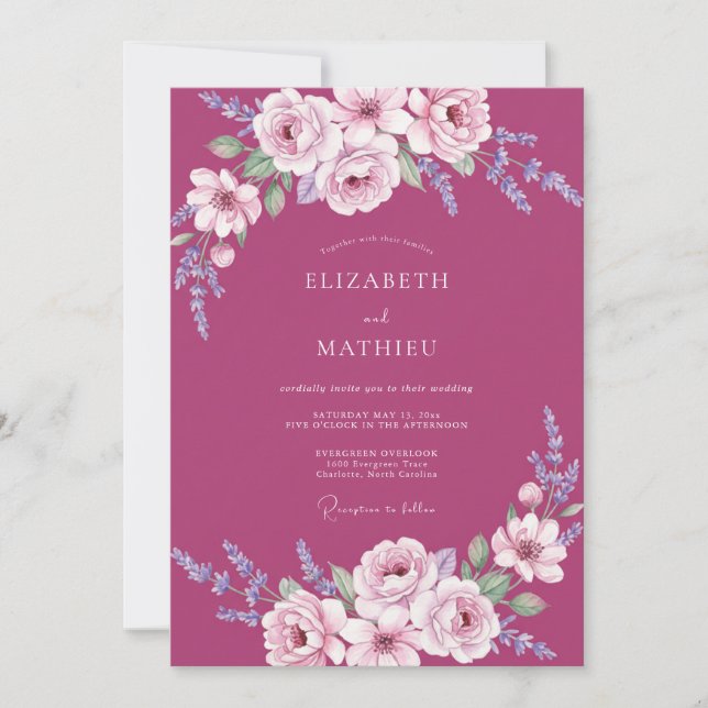 Magenta Painted Leaf Wedding Invitation (Front)
