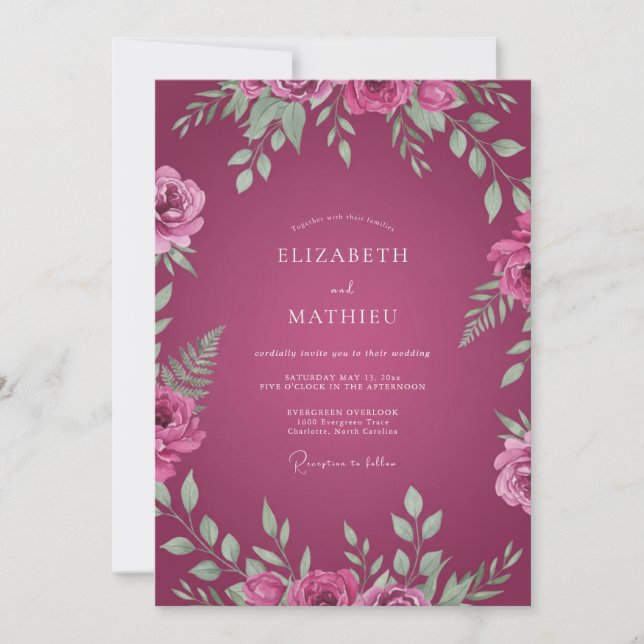 Magenta Painted Leafy Wedding Invitation (Front)