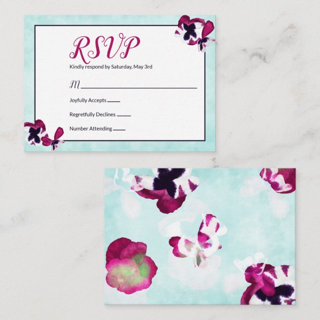 Magenta Pansies, Turquoise RSVP Card (Front/Back)