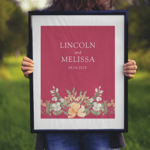Magenta, Peach and White Floral Wedding Couple Poster
