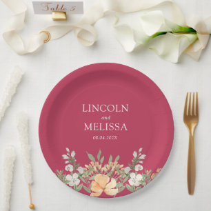 Magenta, Peach and White Floral Wedding  Paper Plate