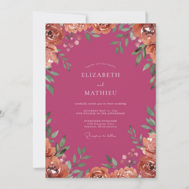 Magenta Peach Peony Wedding Invitation (Front)