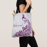 Magenta Peacock Leaf Vine Bridesmaid Tote<br><div class="desc">Personalise a all over print bag for your bridesmaids with a Magenta Peacock Leaf Vine Bridesmaid's Tote Bag. Tote design features a light grey grunge background with a vibrant magenta peacock with a leaf vine embellishment. Personalise with the bridesmaid's name or keep the bridesmaid title. Additional wedding stationery and gifts...</div>