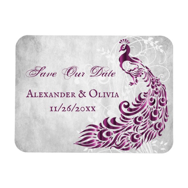 Magenta Peacock Leaf Vine Save The Date Magnet (Horizontal)