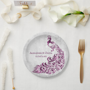 Magenta Peacock Leaf Vine Wedding Paper Plate