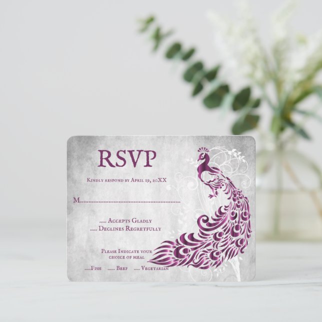 Magenta Peacock Leaf Vine Wedding RSVP Card (Standing Front)