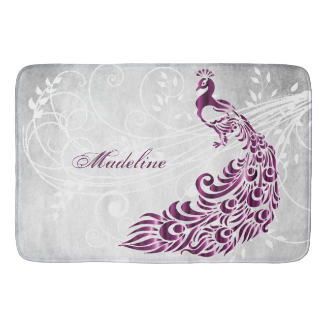 Magenta Peacock Personalised Bath Mat (Front)