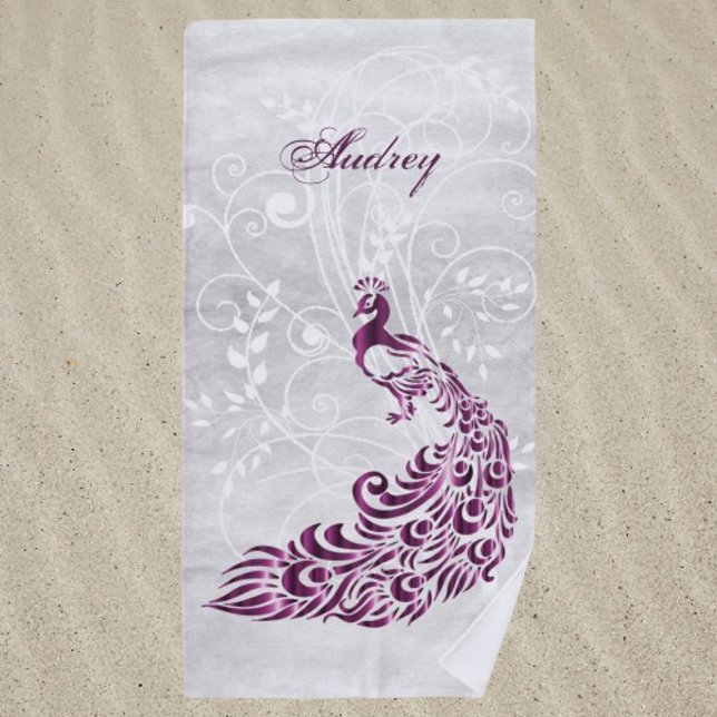 Magenta Peacock Personalised Beach Towel (Magenta Peacock Personalized Beach Towel)