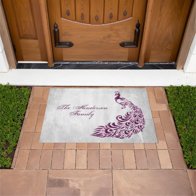 Magenta Peacock Personalised Door Mat (Outdoor)