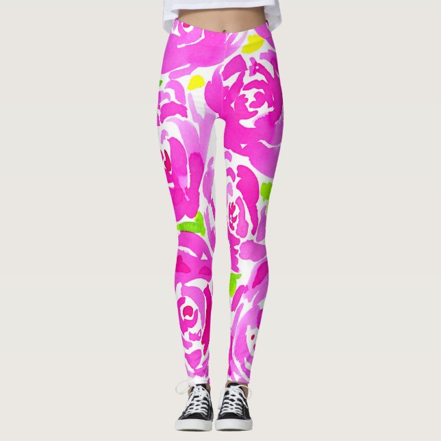 Magenta Peonies Watercolor Pattern Leggings (Front)