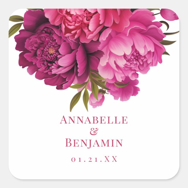 Magenta Peony Floral Wedding  Square Sticker (Front)