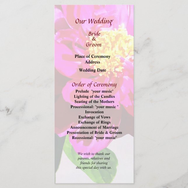 Magenta Peony in Sunshine Wedding Program Programme (Front)
