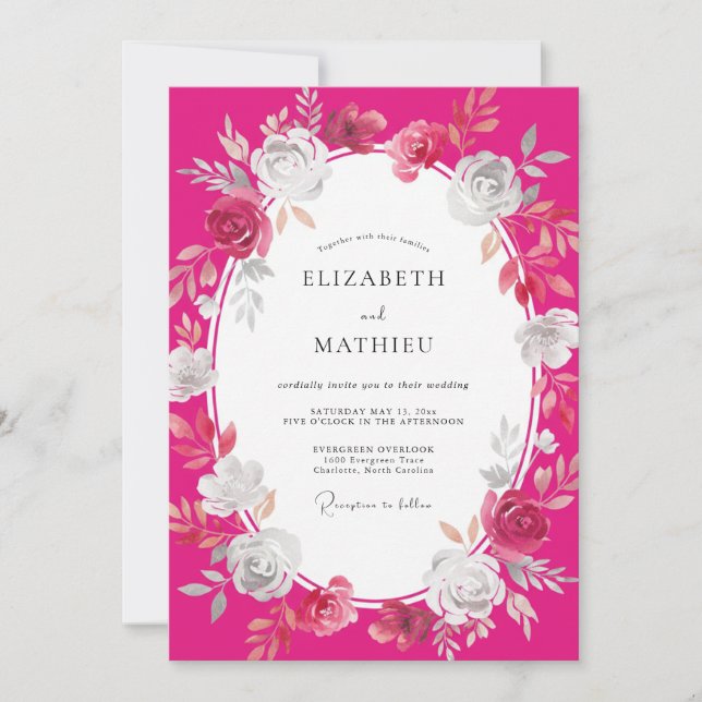 Magenta Peony Wreath Wedding Invitation (Front)