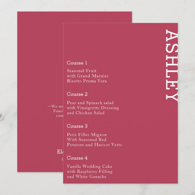 Magenta Personalised Guest Name Wedding  Menu (Front/Back)