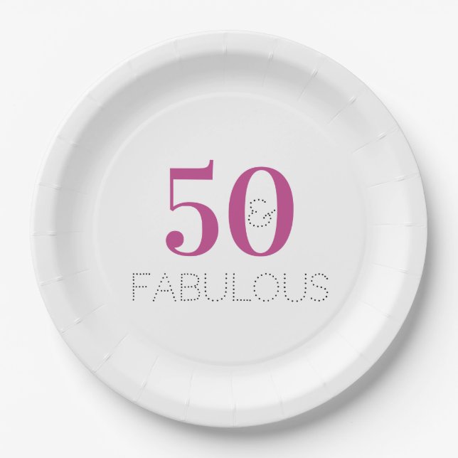 Magenta Pink 50 and Fabulous Text Birthday  Paper Plate (Front)