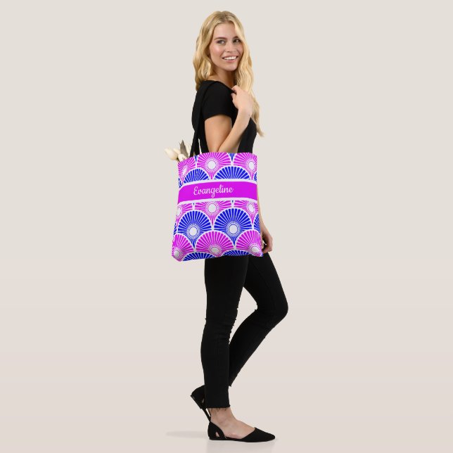 Magenta Pink and Blue Semi Circle Wave Pattern Tote Bag (On Model)