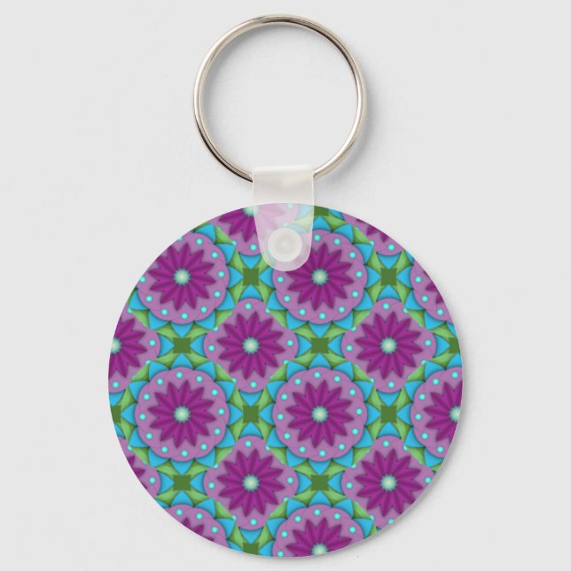 Magenta, Pink and Green Flower Pattern Key Ring (Front)