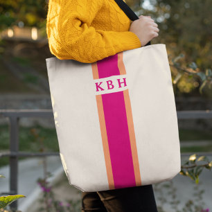 Magenta Pink and Orange Classic Stripe Monogram Tote Bag