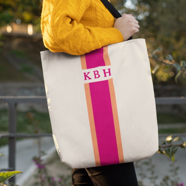 Magenta Pink and Orange | Classic Stripe Monogram Tote Bag (Creator Uploaded)