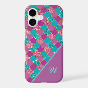 Magenta Pink and Teal Mermaid Scales with Initial