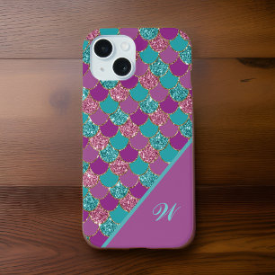 Magenta Pink and Teal Mermaid Scales with Initial iPhone 15 Case