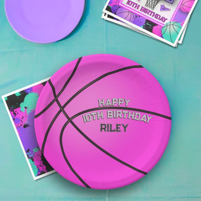 Magenta Pink Basketball Happy Birthday Name Paper Plate (Creator Uploaded)