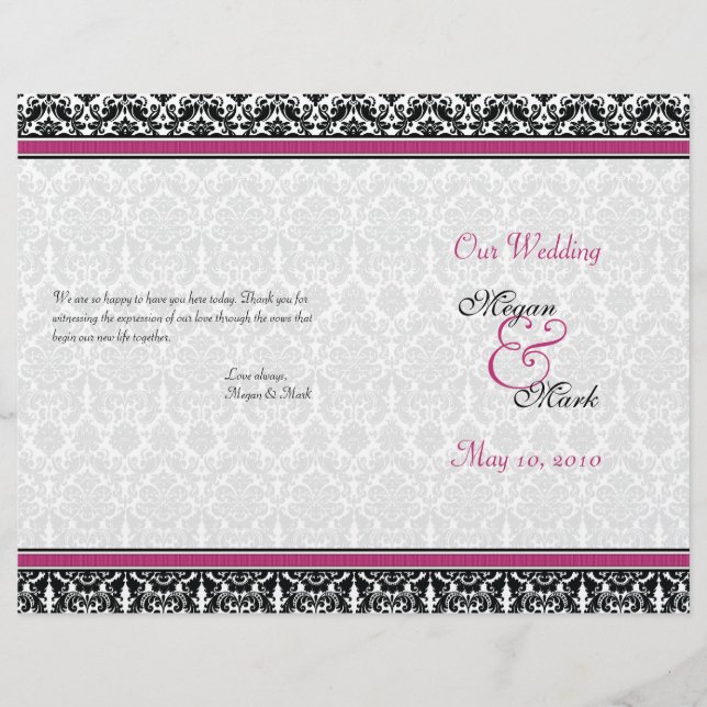 Magenta Pink Black Damask Wedding Program (Front)