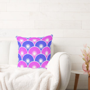 Magenta Pink Blue Chinese Semi Circle Wave pattern Cushion