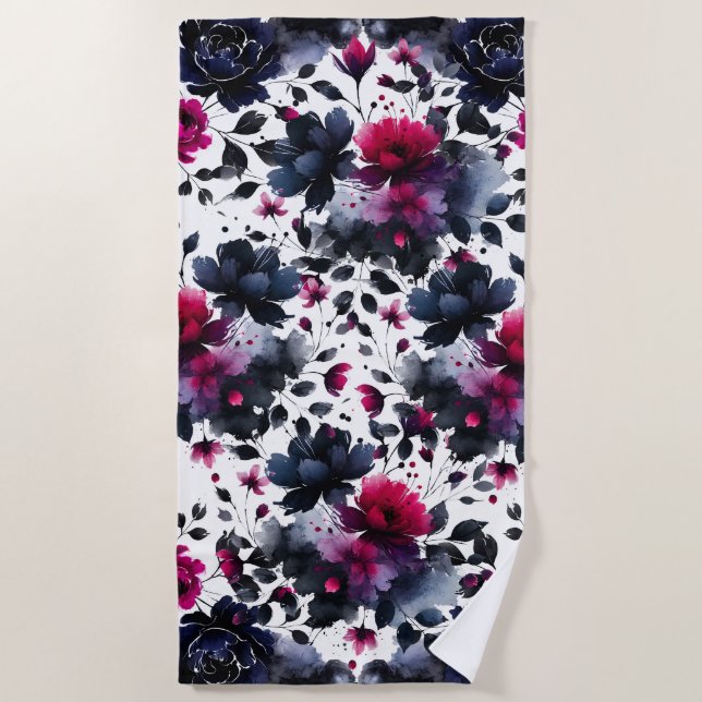 Magenta Pink & Blue Inky Floral Watercolor Beach Towel (Front)