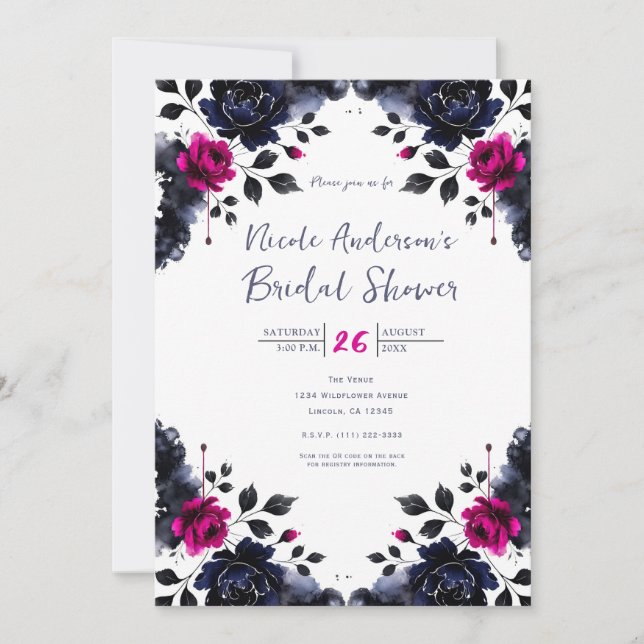 Magenta Pink Blue Inky Floral Watercolor Bridal Invitation (Front)