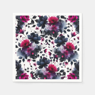 Magenta Pink & Blue Inky Floral Watercolor Wedding Napkin