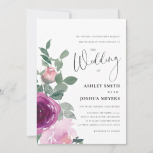 Magenta Pink Blush Floral Roses White Wedding Invitation