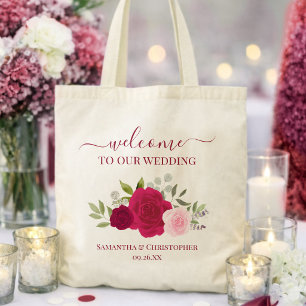 Magenta Pink Boho Roses Elegant Wedding Welcome Tote Bag