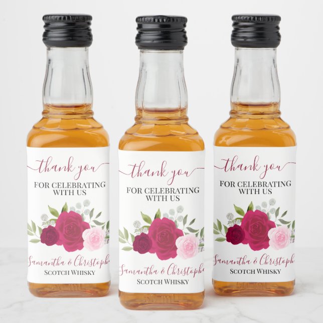 Magenta & Pink Boho Roses Wedding Thank You Mini Liquor Bottle Label (Bottles)