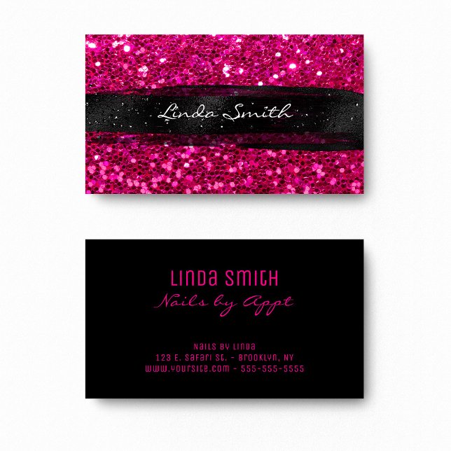 Magenta Pink Confetti Glitter Black Brush Strokes Business Card (Magenta Pink Confetti Glitter Black Brush Strokes Business Card)